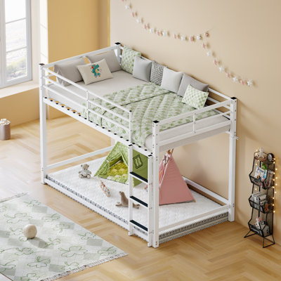 Lit superposé avec échelle et lit superposé en métal à garde-corps haut, espace de rangement, silencieux, taille simple sur simple, blanc