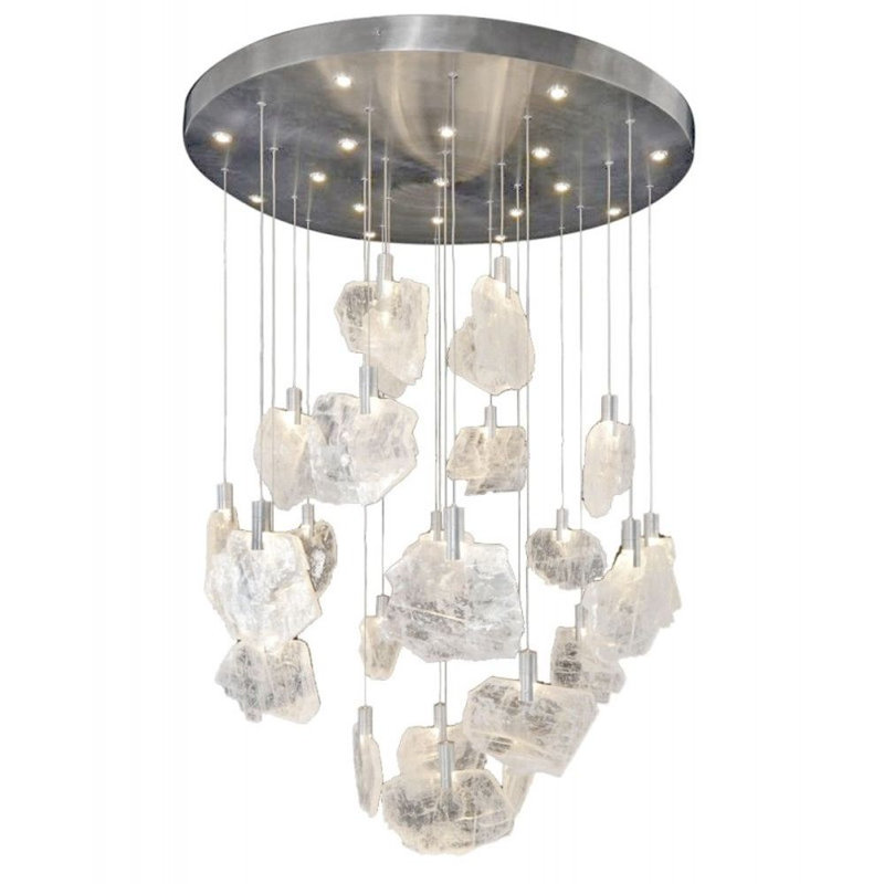 Lustre suspendu Selenite, Cristal de roche foncé, H 55 po x l 44 po x P 44 po, Bronze satiné
