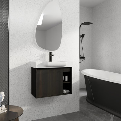 Meuble-lavabo mural avec lavabo en céramique blanche et porte à fermeture en douceur