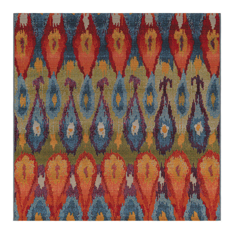 Tapis bleu intérieur / extérieur Newt Ikat, Carré 5 pi 3 po