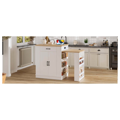 Extendable island console with drawers, double-door cabinet, and open shelving. Serves as dining table, temporary breakfast bar, and afternoon tea lounge,White