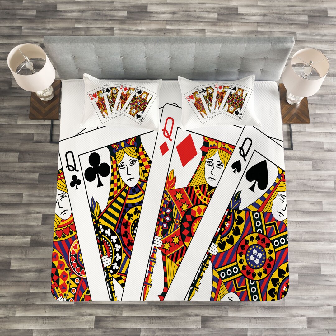 Gestepptes Bettdecken-Set, Queens Poker Play Cards, Kasino, Schwarz Rot Gelb