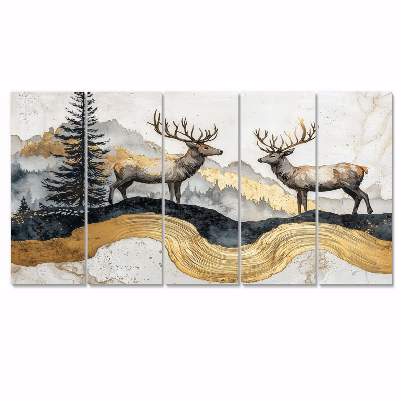 «Golden Deer Landscape Grace in The Forest V» - art mural animal cerf - ensemble d'art mural moderne, H 28 po x l 60 po
