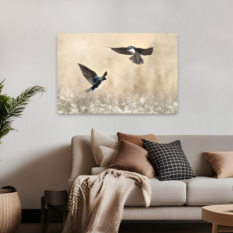 Danse des hirondelles, art d'oiseau contemporain, H 32 po x l 48 po