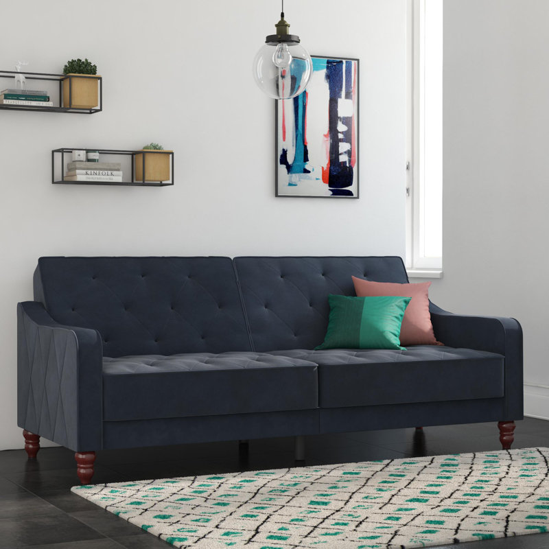 Small Double 207cm Velvet Futon Sofa, Blue