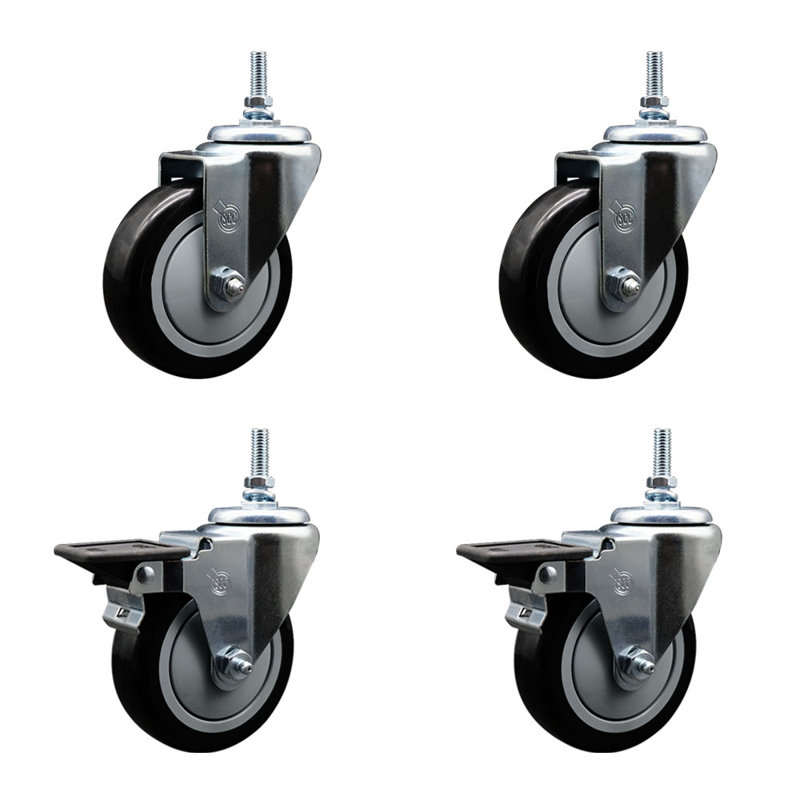 4 Inch_ Polyurethane 3/8 Inch Threaded Stem Caster Set 2 Brakes SCC