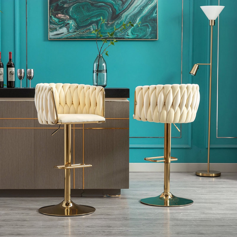 Ensemble de 2 tabourets de bar, avec repose-pieds chromé et base pivotante à hauteur réglable en velours velours mécanique + pieds dorés, ivoire