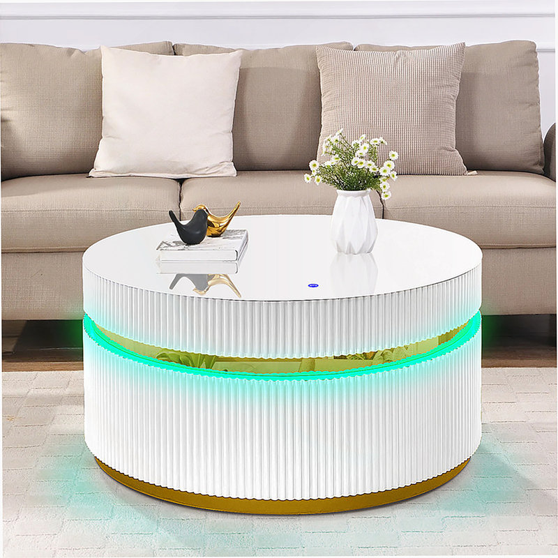 Table basse ronde blanche 39 po avec plateau en verre et lumières DEL 39 po
