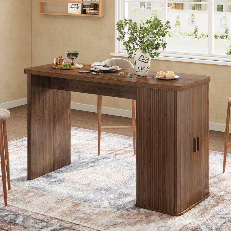 Îlot de cuisine 59 po en bois avec rangement, table de bar rectangulaire avec tiroir et support à vin, Noyer