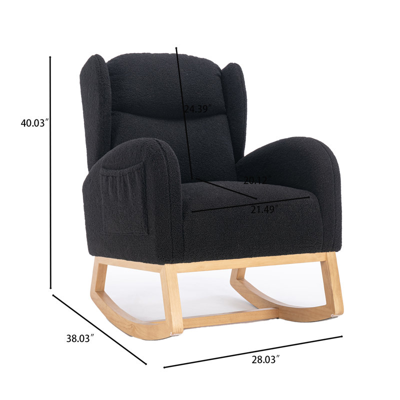 Chaise berçante moderne rembourrée avec base en bois et poche latérale, Noir