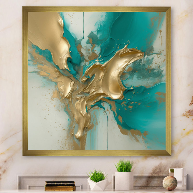 Marbre doré et turquoise Fuild Ink II - impression abstraite sur toile marbrée, H 16 po x l 16 po x P 1 po, Encadrement doré