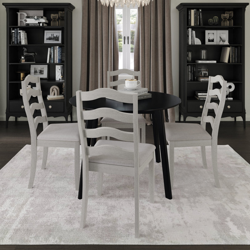 5-Piece Dining Set With Black Round Table And White Upholstered Wave Horizontal Slat Back Chairs, White