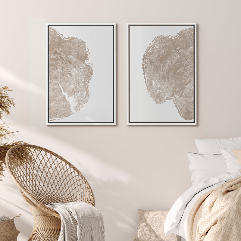 Pastel Tan Unique Wood Tree Ring Neutral Modern Organic Framed Canvas 2 Pieces Print Wall Art Decor, 36" H x 48" W