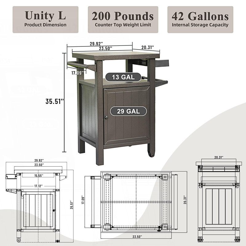 Outdoor Cabinet With Storage And Wheels, Portable Table, Accent Cabinet, Brown