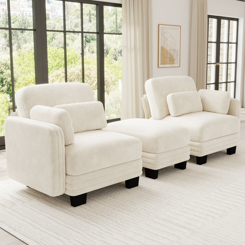 Causeuse en chenille, capitonnée, modulaire, 2 pièces, causeuse avec repose-pieds mobile, beige, coussins en mousse à haute résilience