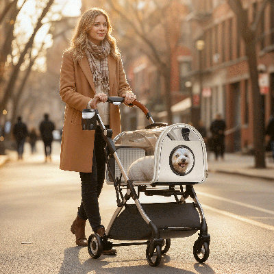 2-In-1 Pet Stroller With Detachable Carrier 33 Lb Capacity Lightweight Aluminum Frame Clear Dome & 5" PU Wheels