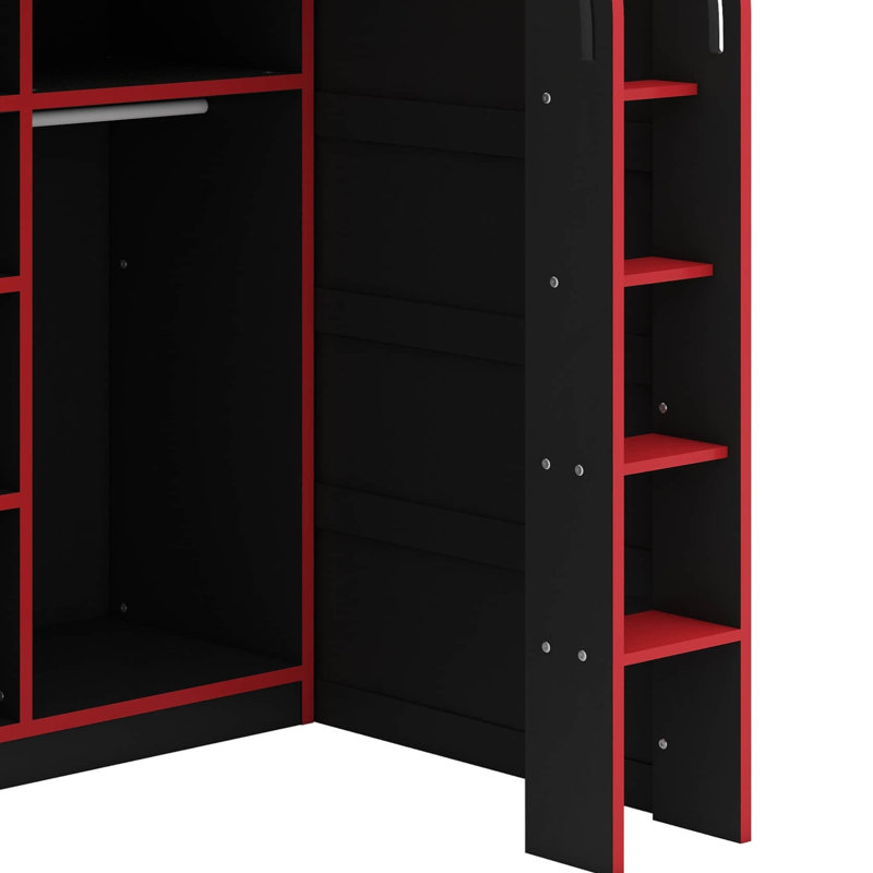 Full Size Wood Loft Bed With Desk,Open Wardrobe,Storage Compartments And RGB Lights, Red