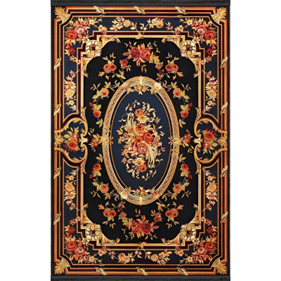 Black-Themed Multi-Colored Traditional Floral Motif Patterned Vintage Decorative Rug