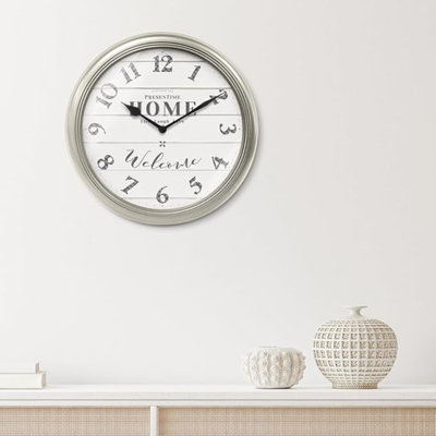 Presentime & Co. 12.6" Illuminated Farmhouse Wall Clock, Silent Battery Operated Night Light Wall Clock With Smart LED Sensor For Living Room, Bathroom, Kitchen, Home Office, Morning Silver