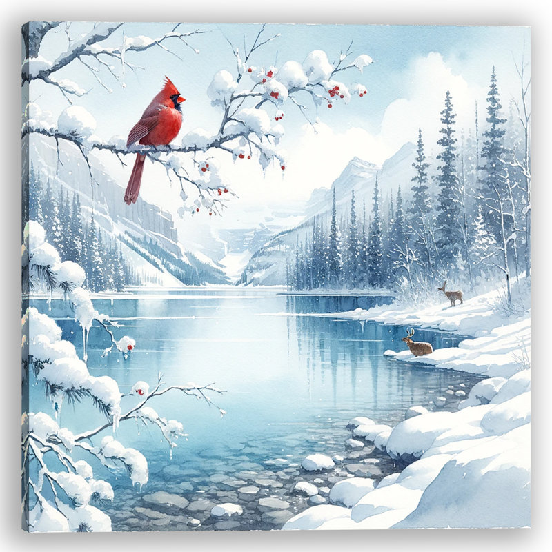 " Winter Serenity: Cardinal And Wildlife On Snowy Lakeshore ", 30" H x 30" W x 1.5" D