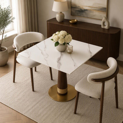 Plateau carré en pierre de 850 mm de diamètre, plateau de table en pierre mate de 12 mm, colonne décorative en rotin tressé noyer, base dorée, table pour 2 personnes idéale pour les petits espaces, capacité de charge de 68 kg (uniquement pour la table de négociation).