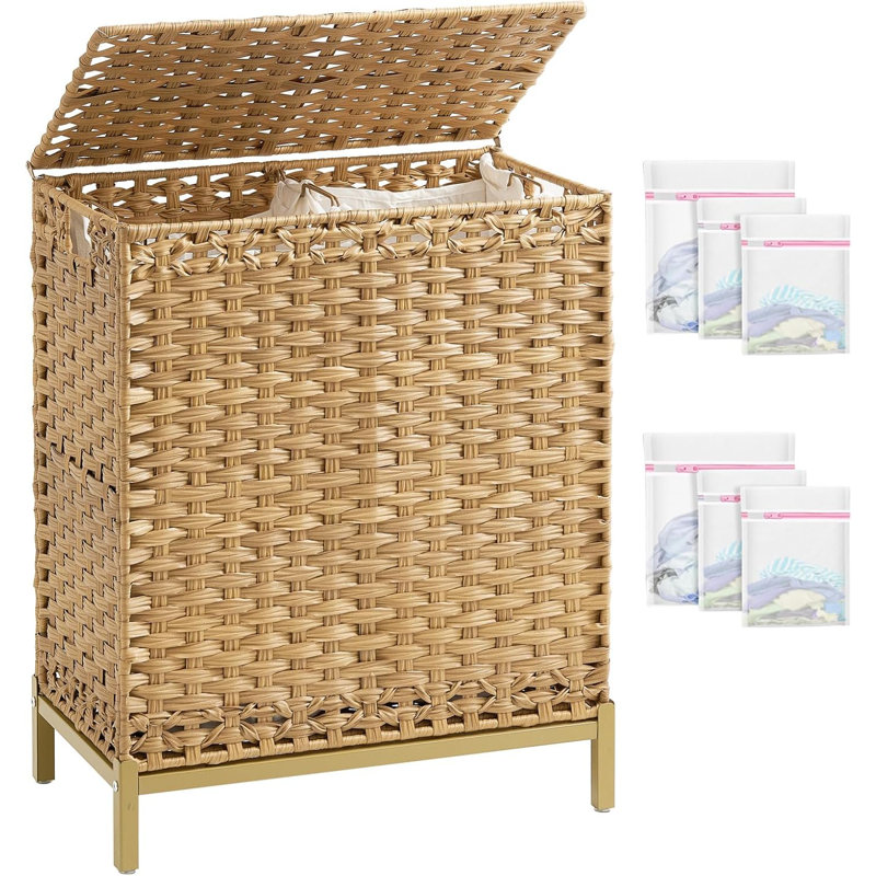 Large Handwoven Rattan Laundry Hamper With Lid, 2 Removable Liner Bags, 6 Mesh Bags, Metal Heightened Feet, Foldable Design For Bathroom Or Bedroom Storage