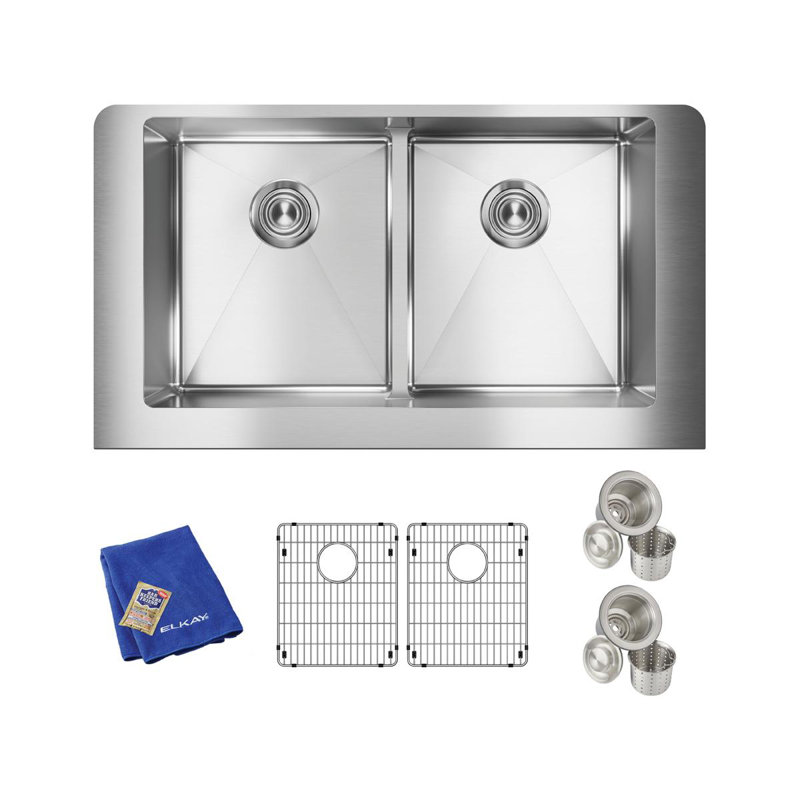 Elkay Crosstown 36" Satin Stainless Steel Double Bowl Farmhouse Sink Kit