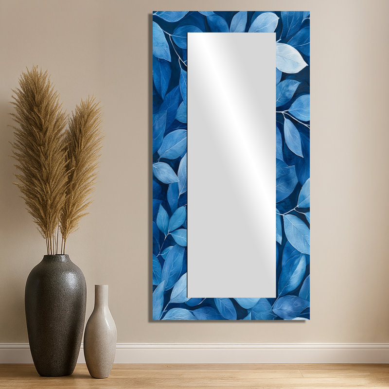Indigo feuilles feuillage collage I - décoration murale miroir floral - imprimé sur métal, 28 po x 55 po