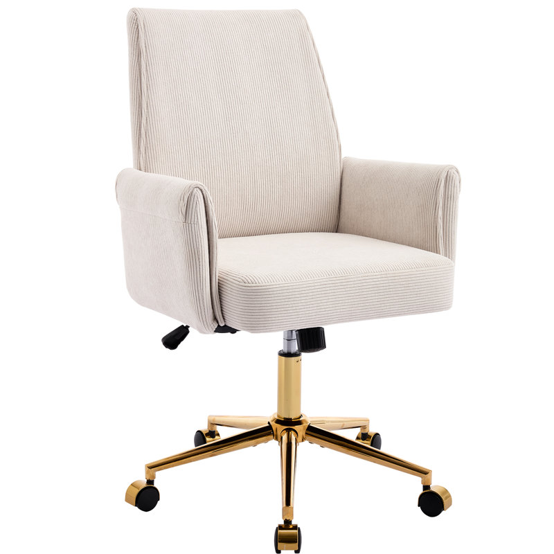 Chaise de bureau blanche à dossier moyen avec velours côtelé, dossier ergonomique et base dorée stable avec velours côtelé pour l'équilibre