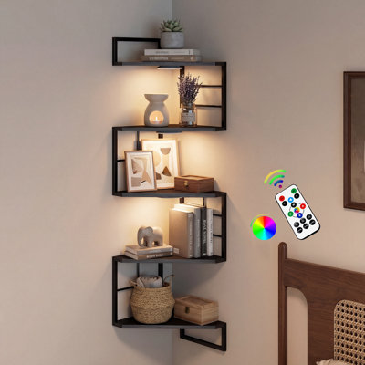 Floating Corner Shelves With Light - 5 Tiers Metal Corner Shelf Wall Mounted For Bedroom Living Room Office Kitchen, Easy-to-assemble Corner Wall Shelves, Brown