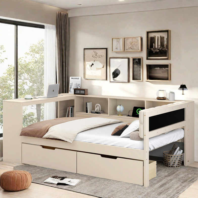 Modern Bed With Storage Shelves, 2 Drawers, Charging Station, Study Desk And Upholstered Headboard, Full