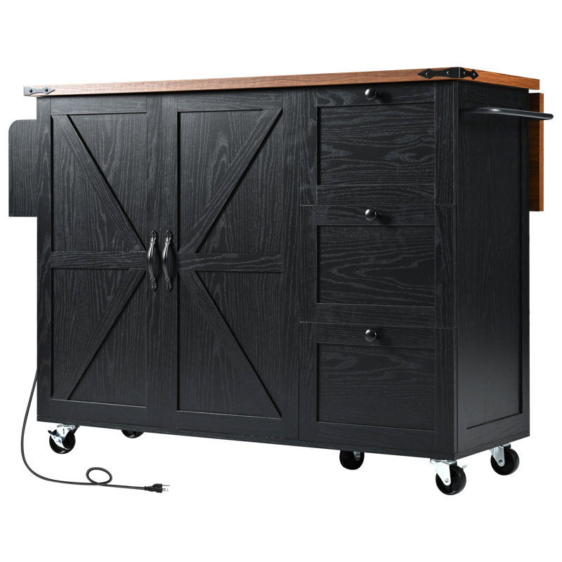 Style Kitchen Island With Drop Leaf And Internal Storage, 54.5" X 29.52" 36.5", Black Rolling Cart Ac Outlets Shelves, 54.5