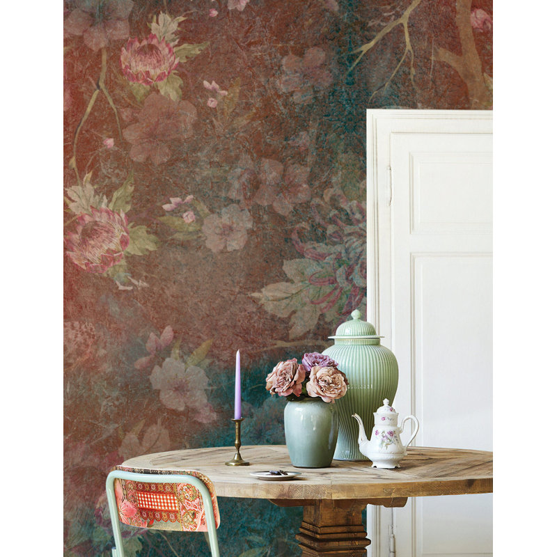 Papier peint chinois et chinois avec des fleurs de chrysanthème et de sakura rétro, L 75 po x l 112 po