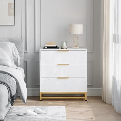 3-Drawer Wooden Dresser, Modern Wood Chest of Drawers with Golden Handles, White