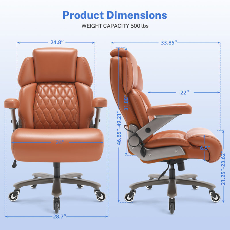 Fauteuil de direction grand et grand Mikial 500 lb - Cuir respirant, accoudoirs 3D et soutien lombaire comprimé, Brun doré
