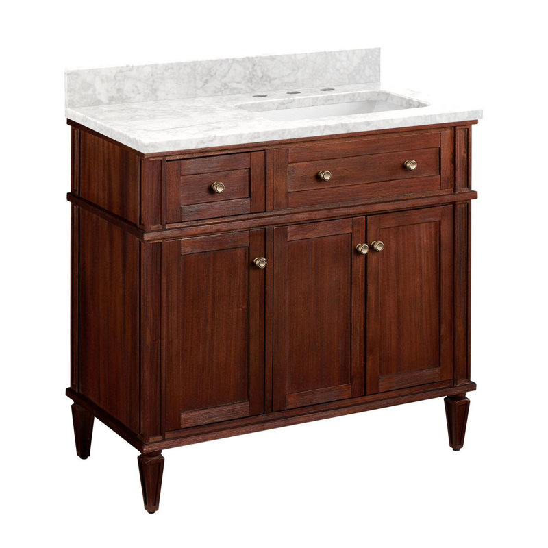 36" Elmdale Vanity for Right Offset Rect Undmnt Sink - Carrara 8" - White Sink, Antique Brass