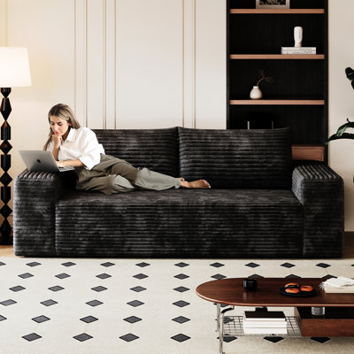 Velours côtelé confortable de 63 po à 2 places, tissu à peau lisse, sans assemblage, noir, mousse haute densité, style moderne, ergonomique pour se détendre en discutant avec des amis