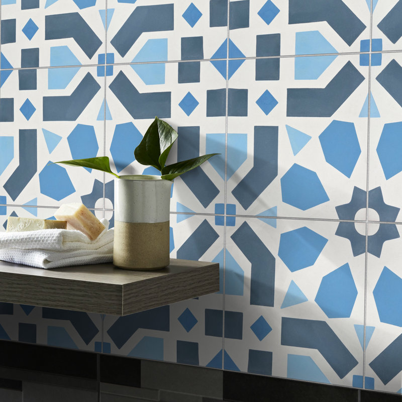 Azilal 8" x 8" Cement Patterned Wall & Floor Tile, Blue/White