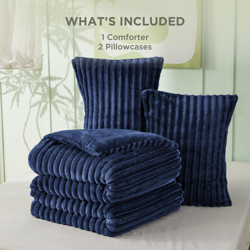 Bedsure Fluffy Comforter Set Queen - Super Soft Faux Fur Bed Set Navy, Warm Plush Fleece Winter Bedding, 3 Pieces, 1 Shaggy Fuzzy All Seasons Queen Size Comforter with 2 Pillowcases