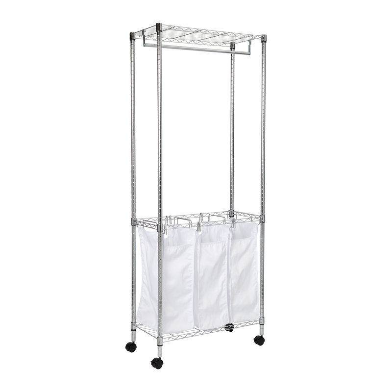 Chrome Steel Rolling Laundry Center with Triple Sorter and Hanging Rod