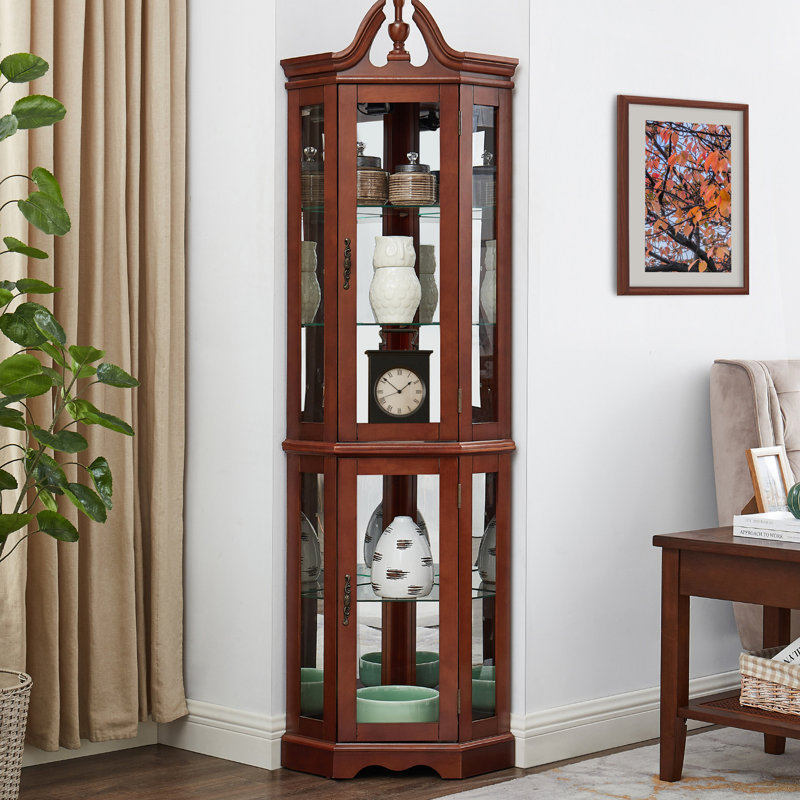 Armoire de coin en noyer avec lumières, tablettes en verre réglables et support d'affichage en miroir