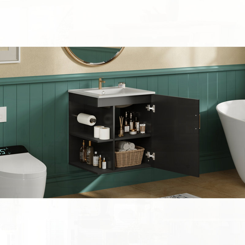 Meuble-lavabo mural moderne avec porte à fermeture douce, Noir
