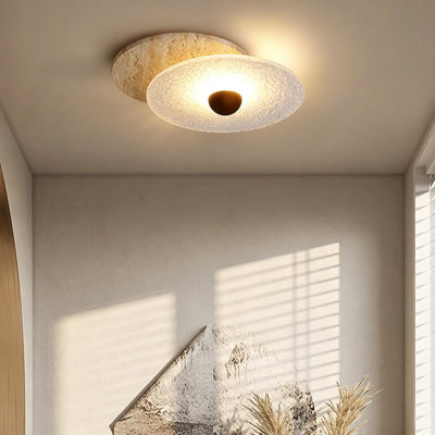 12.99" Travertine & Frosted Glass 3-Color Integrated LED Ceiling Light – Natural Stone Dimmable Lighting