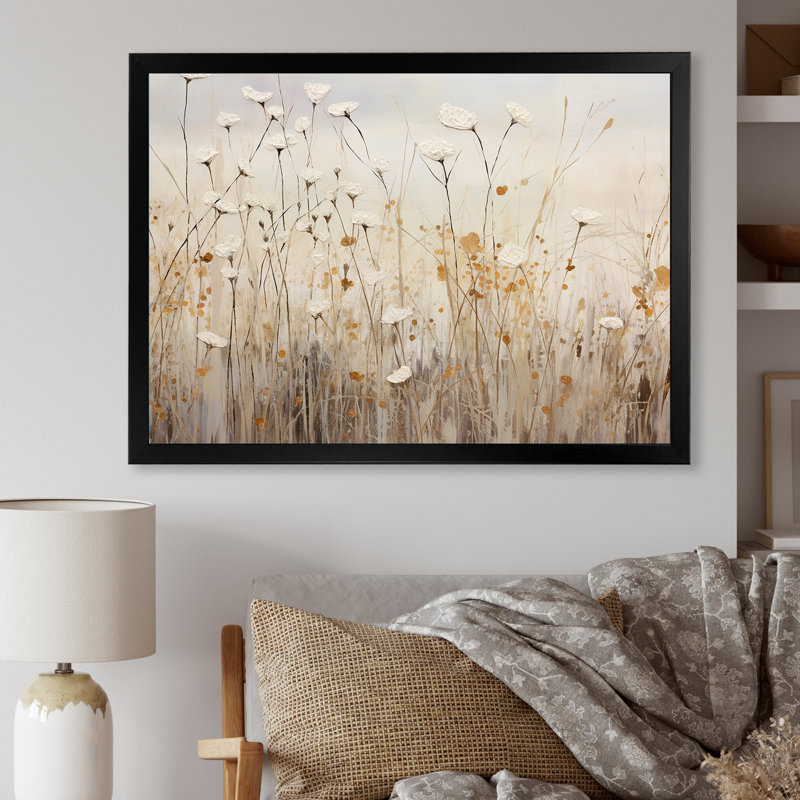 beige Wildflowers Floral Fantasy - Beige Wildflowers Wall Art, Single Picture Framed, 16" H x 32" W, Black