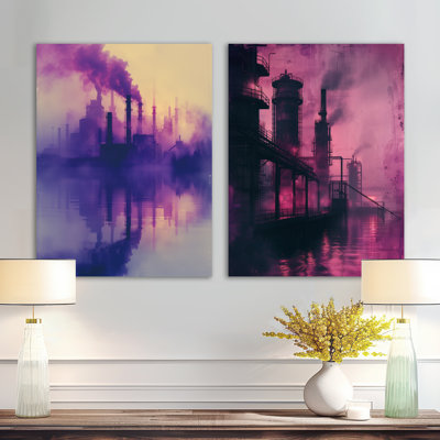 Purple Factory Polution Reflection I – Industrial Oversized Metal Wall Art Print Set of 2