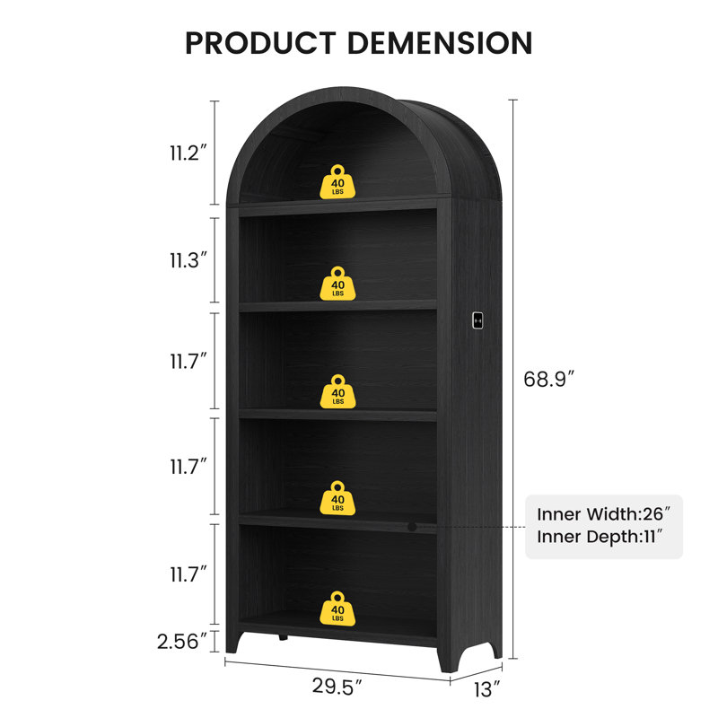 Armoire de rangement 29,5 po à 5 tablettes arquées, Noir mat