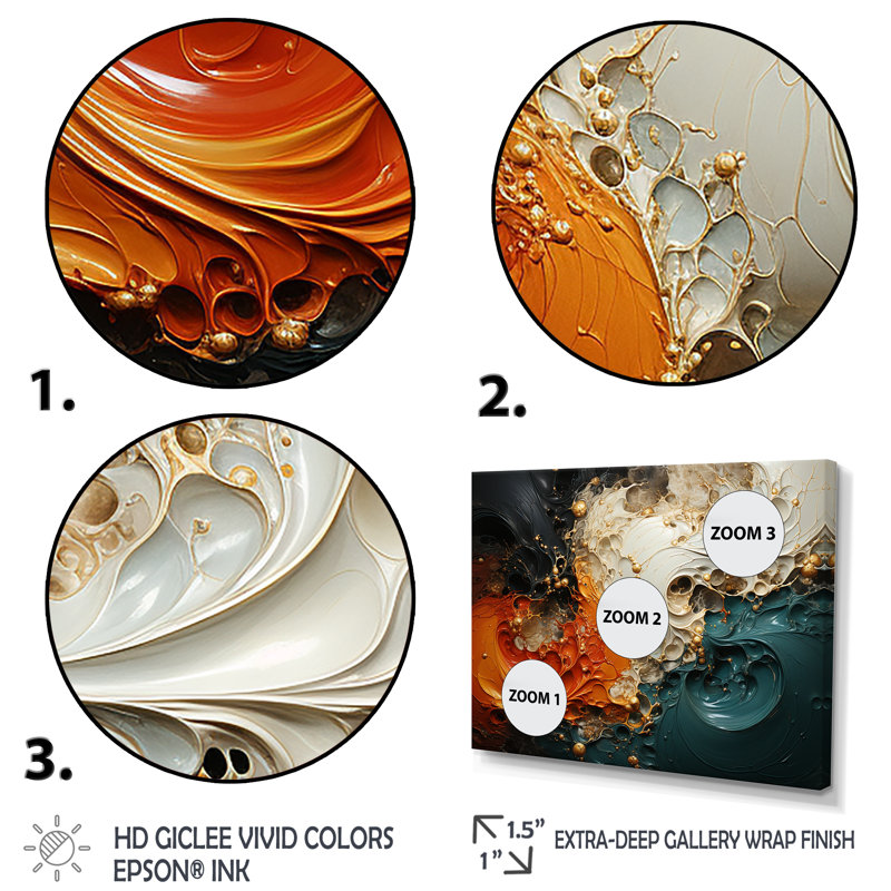 Orange et émeraude marbre lave V - art mural abstrait, H 16 po x l 32 po x P 1 po, Cadre flottant doré