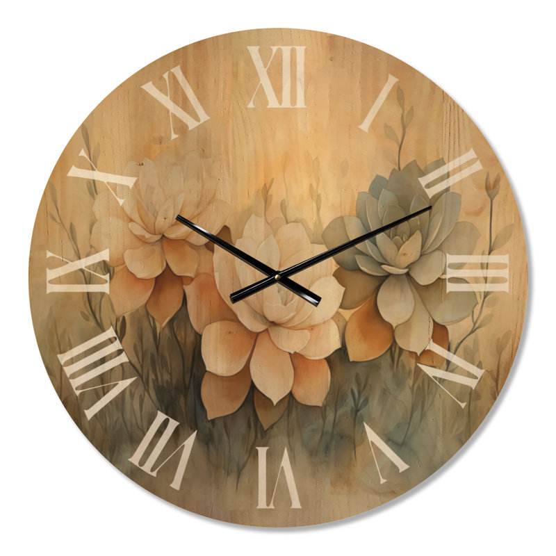 Horloge murale ronde en bois de style bohème, ornée de succulentes dorées, Large