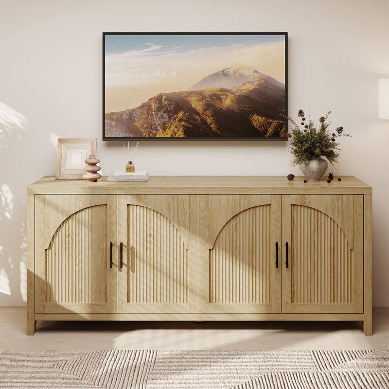 70’’ TV Stand with Storage, 4-Door Reeded Sideboard Buffet with Cord Management, Mid-Century Media Center TV Console Fits TVs Up to 75 in, Light Oak 