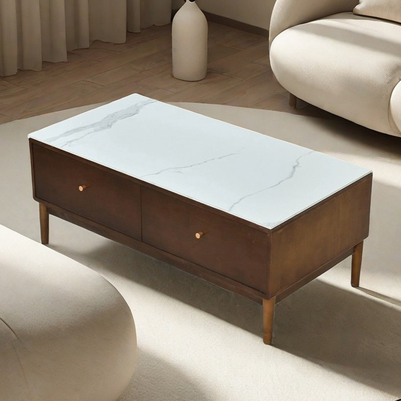 Coffee Table Oak Wood four Drawers,  Dark Brown